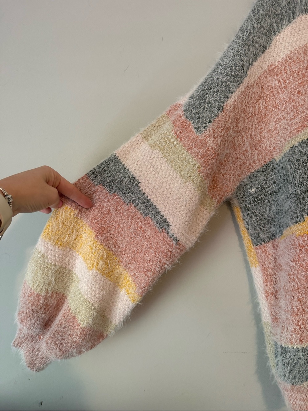 Altar’d State Cozy Multicolor Striped Fuzzy Sweater - Pink, Yellow & Gray - Picture 3 of 5